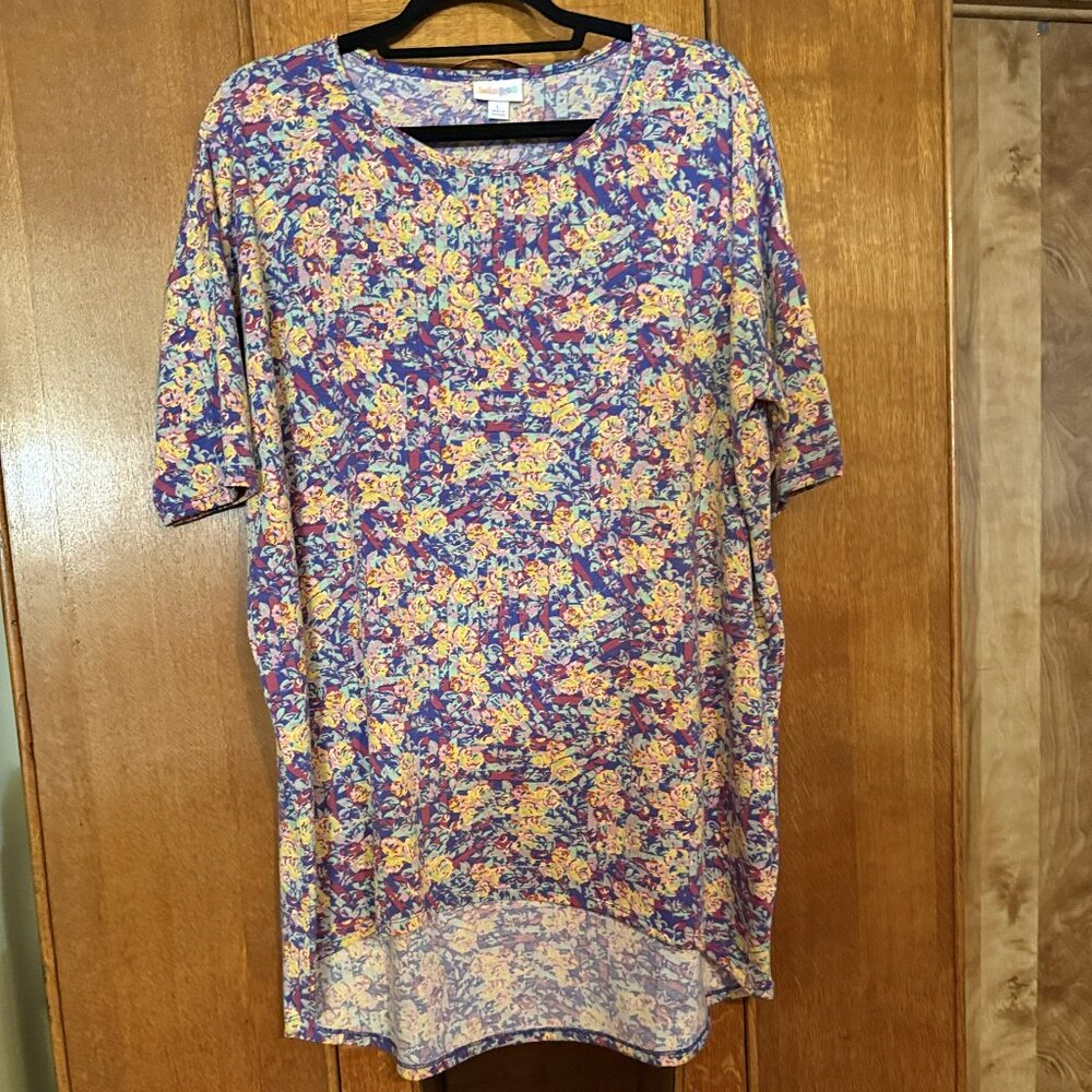 LuLaRoe Irma, Size Large, Colors of Blue, Pink, yellow & rust/red flower design